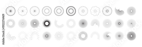 Collection of abstract geometric circular patterns with structured radial shapes, balanced symmetry, and versatile modern elements for branding and layout systems