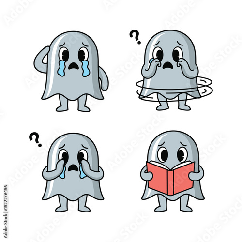 Sad cartoon ghost character expressing emotions and reading a book with confusion