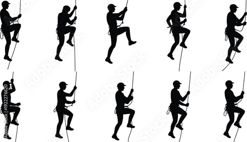 Rope access worker silhouettes set, industrial climbers with safety harness ascending isolated black shadow figures collection