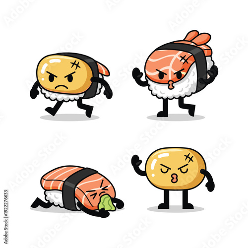 Sushi characters with different emotions and expressions in a cartoon style