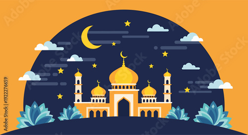 Potrait mosque to celebrate ramadan kareem banner, vector illustration design