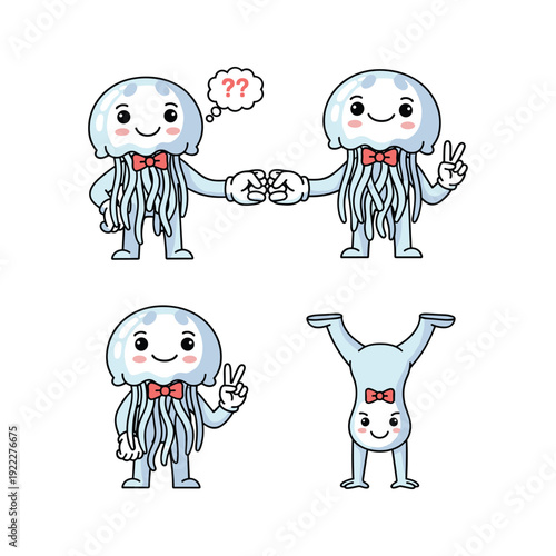 Cartoon jellyfish characters showing various gestures and expressions with copy space