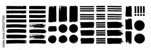 Paint brush stroke and ink splash set with grungy decorative frames, textured splatter marks and rough artistic elements for expressive modern layouts