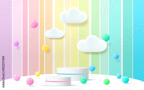 3d render podium with rianbow concept background for kids or baby product display.