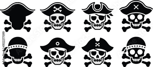 Pirate skull and crossbones icons for danger warning and treasure map symbols