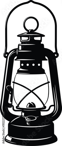 Vintage kerosene lantern silhouette illustration in black and white, classic camping lamp vector isolated on white background