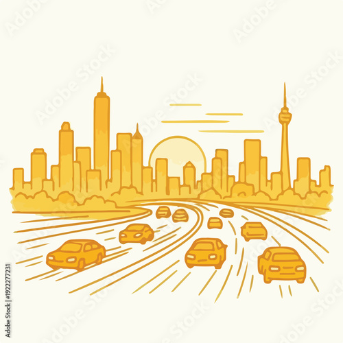 Minimalist orange line art illustration captures a modern cityscape at sunset, featuring cars moving quickly on a multi-lane highway.