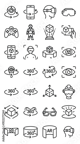 A comprehensive set of line icons illustrating virtual reality, augmented reality, and 360-degree interactive immersive technologies and their various applications