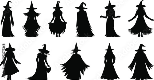 Witch silhouettes vector illustration, spooky female magic characters icon set for Halloween costume, fantasy design and dark folklore art