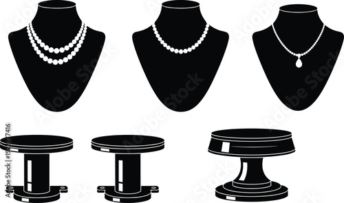 Jewelry display bust and stand silhouette set, necklace presentation holders flat vector illustration for shop showcase and branding design