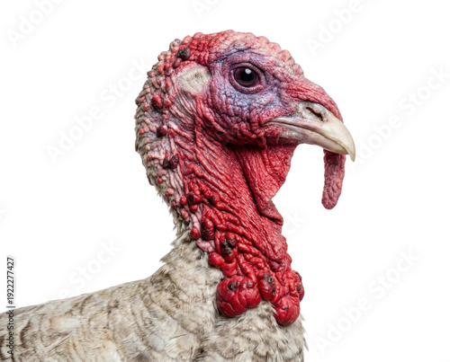 Close-up profile of a domestic turkey head with red wattle and caruncles, isolated on a white background