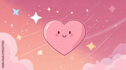 Cute Cartoon Heart Character with Sparkles and Pink Background
