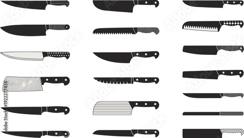 Kitchen knife silhouettes vector illustration, chef and butcher blade icons set for cooking, food preparation and culinary tool design