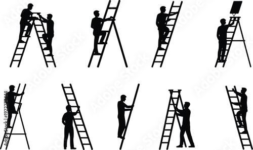 Ladder worker silhouettes vector illustration, construction and maintenance people icons for safety work, repair service and industrial design