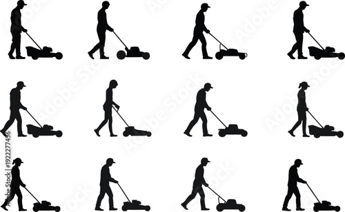 Lawn mower worker silhouettes vector illustration, gardening and yard maintenance people icons for landscaping service and outdoor work design