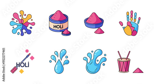 Colorful Holi Festival icon set featuring people, characters, and design elements with powder and colorful splashes on a white background.
