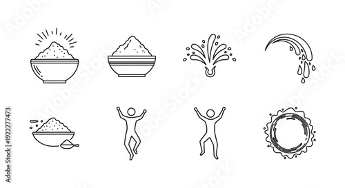 A set of eight black line illustrations depicting Holi Festival icons, including people celebrating with powder, on a white background.
