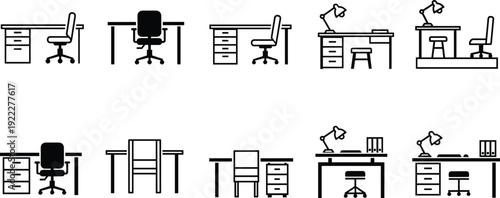 Office desk and workspace furniture silhouettes with chairs drawers and lamps in clean minimal black vector style