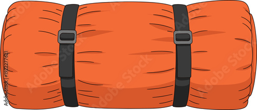 Orange sleeping bag flat vector illustration rolled camping gear isolated on white background for outdoor travel and adventure design