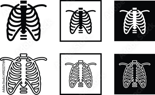 X ray chest rib cage icon set collection group in black flat line style featuring radiology, skeleton, anatomy, medical scan, diagnostic imaging and healthcare synonym elements for hospital and clinic