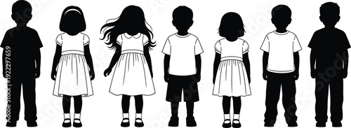 Children silhouettes front view set, boys and girls standing in casual clothes vector illustration isolated on white