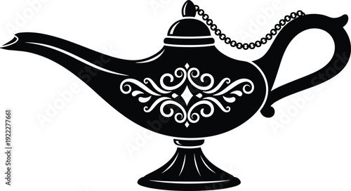 Ornate magic genie lamp silhouette with decorative pattern, Arabian fantasy oil lamp flat vector illustration for fairy tale and mythology design