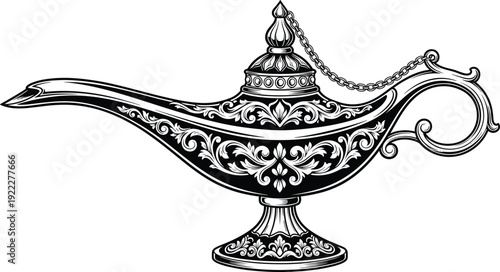 Ornate magic genie lamp engraving style illustration in black and white, Arabian fairytale oil lamp isolated on white