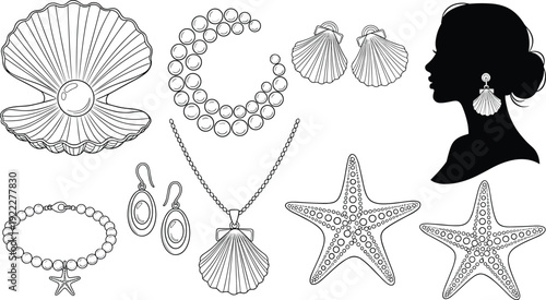 Seashell and starfish jewelry set, ocean themed accessories with woman silhouette flat vector illustration for summer fashion design