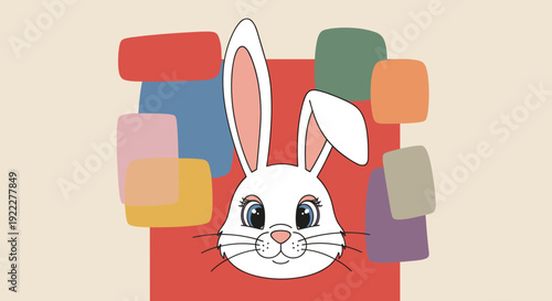 A cute cartoon rabbit face with large ears in a modern vector style, surrounded by colorful abstract shapes, perfect for children's products and playful designs