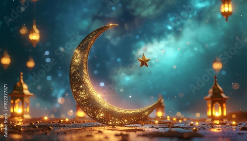 Ramadhan Golden Crescent Moon Star and Lanterns Night