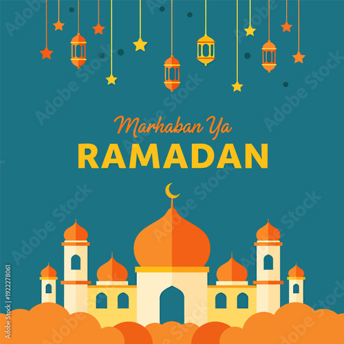 Landscape banner marhaban ya ramadan, vector illustration