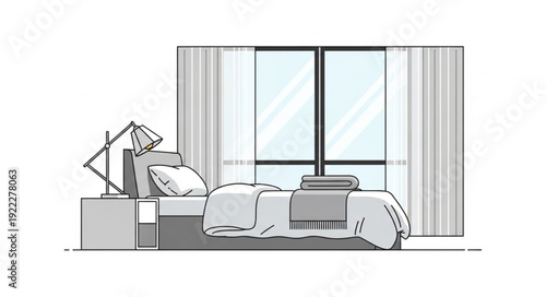 Modern Bedroom Interior Design with Large Window and Bed.