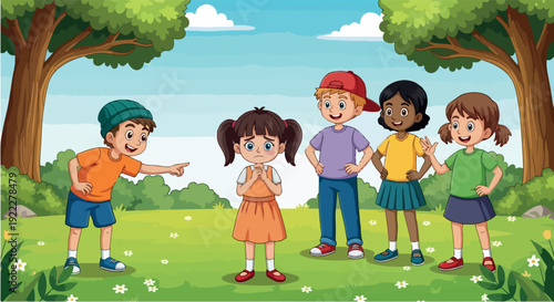 Children Vector: Group Outdoor Scene with Social Interaction