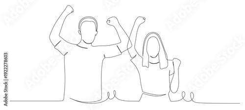Continuous line art of a man and woman raising his hands and showing great joy. This drawing is to commemorate the international day of happiness.