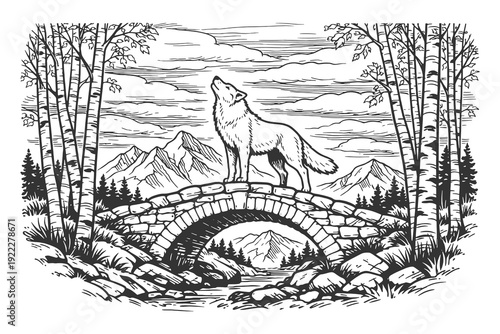 Lone Wolf Howling on a Stone Bridge in a Mountain Forest Landscape in a Detailed Hand Drawn Vintage Line Art Vector Illustration.