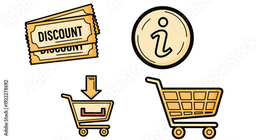 A collection of discount tags, a shopping cart, and an information icon in a colorful flat vector style, ideal for e-commerce websites and marketing materials