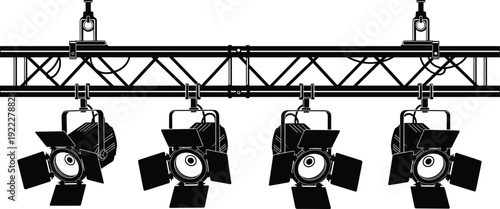 Flat vector illustration of stage lighting rig with mounted spotlights, theatrical truss silhouette, professional concert equipment design for performance venues