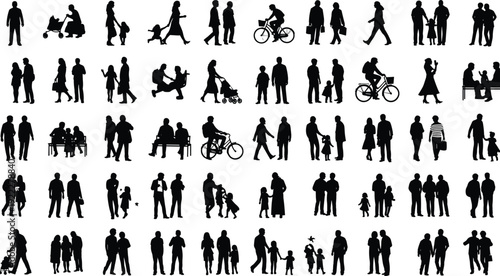 Flat vector illustration of people silhouettes, walking, cycling, family activities, daily life scenes, human interaction design, decorative art