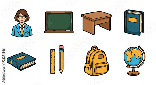 A collection of school-related icons including a teacher, chalkboard, desk, backpack, books, and a globe in flat modern vector style, ideal for educational materials and resources