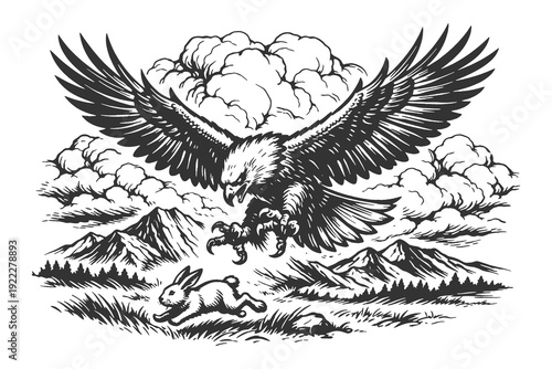 Bald Eagle Diving to Catch a Rabbit in a Mountain Landscape in a Detailed Hand Drawn Vintage Engraving Style Vector Illustration for Wildlife.