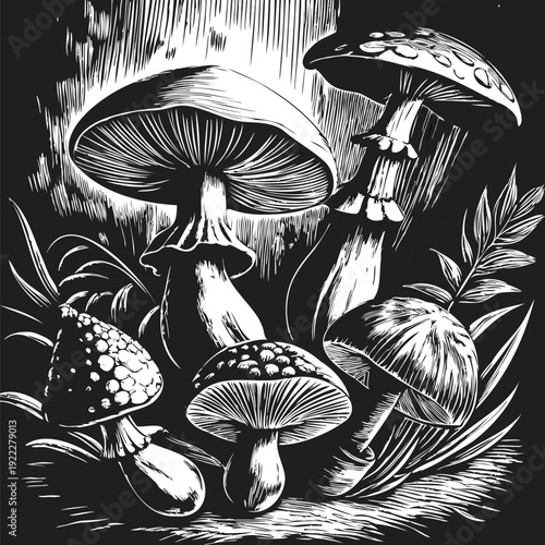 Detailed woodcut illustration of various mushrooms in a forest setting