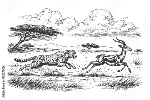 Vintage Hand Drawn Vector Illustration of a Fast Cheetah Chasing a Gazelle in the African Savannah Grassland in Detailed Black and White Line Art Style.
