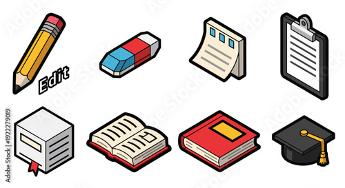 A set of educational icons including a pencil, eraser, books, clipboard, and graduation cap in colorful flat vector style, ideal for academic projects and educational materials