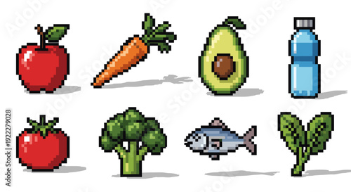 A collection of pixel art fruit and vegetable icons including apple, carrot, avocado, and broccoli in colorful vector style, suitable for health and nutrition projects