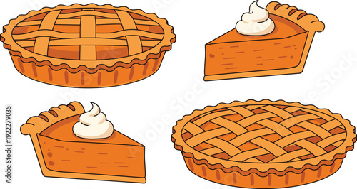 Flat vector illustration of pumpkin pies with lattice crust and whipped cream slices, holiday dessert design, Thanksgiving food, sweet baked treat