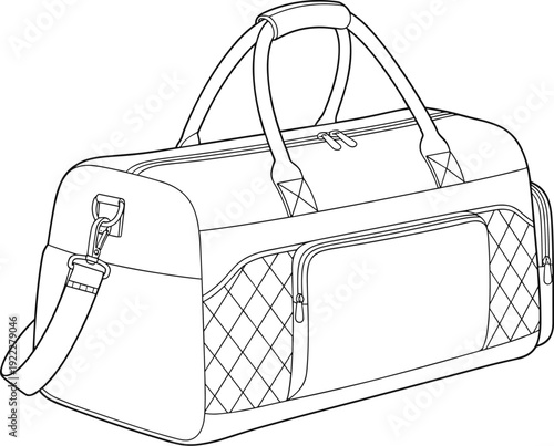 Duffel bag line drawing illustration, top handles, adjustable shoulder strap, zippered pocket, quilted panels, fashion accessory, vector artwork