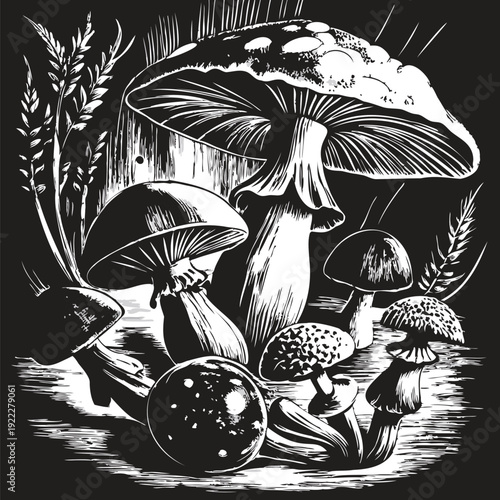 A detailed black and white illustration of various mushroom species