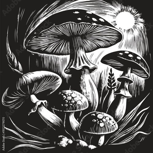 A detailed black and white illustration of mushrooms under a bright moon