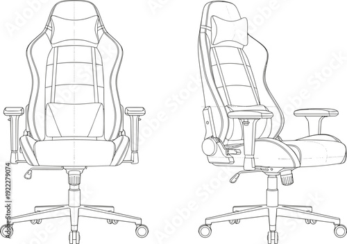 Ergonomic office chair technical line drawing, front and side views, reclining mechanism, lumbar support, adjustable armrests, vector furniture artwork