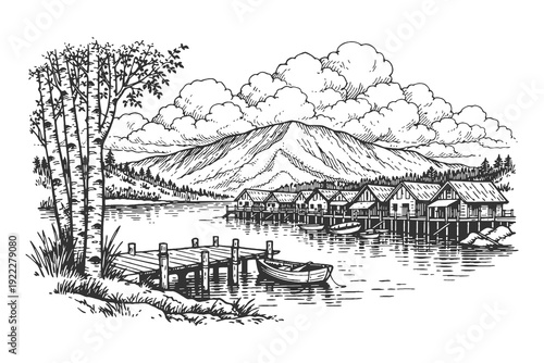 Rustic Houses on Stilts by the Lake with Mountain Background in Detailed Line Art Engraving Style, Waterside Landscape Vector Illustration for Travel.